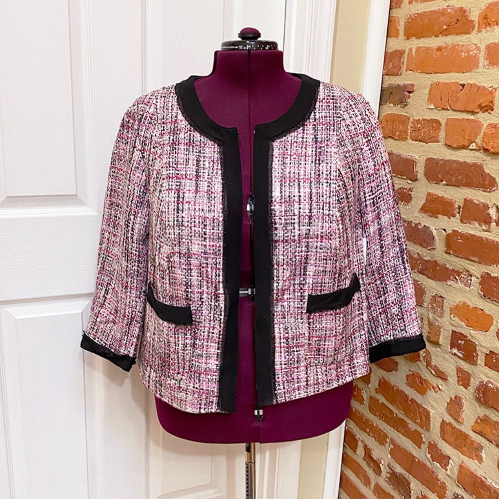 NWT Kate Hill Azalea Pink & Gray Chanel Style Tweed Blazer Jacket w/Black Trim